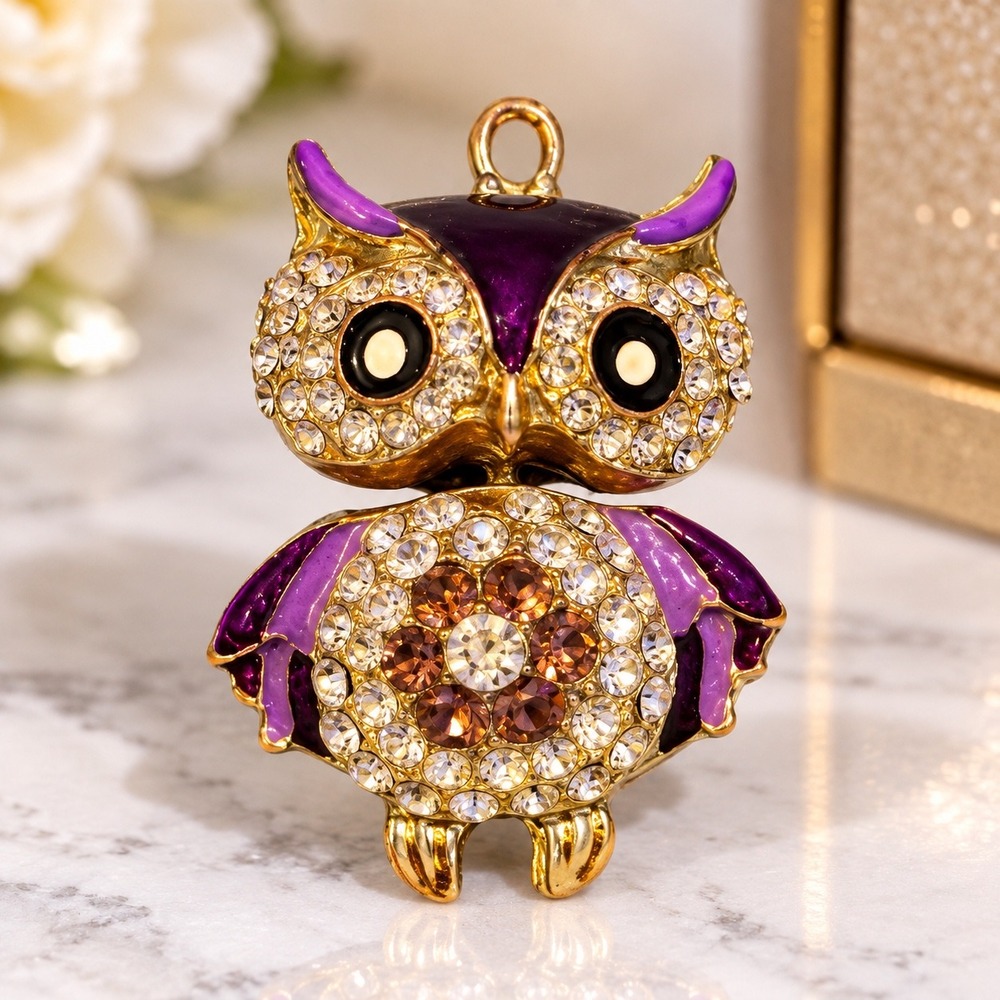 Purple Enamel Owl Pendant Charm Gold Tone Rhinestone Whimsical Bird Jewelry